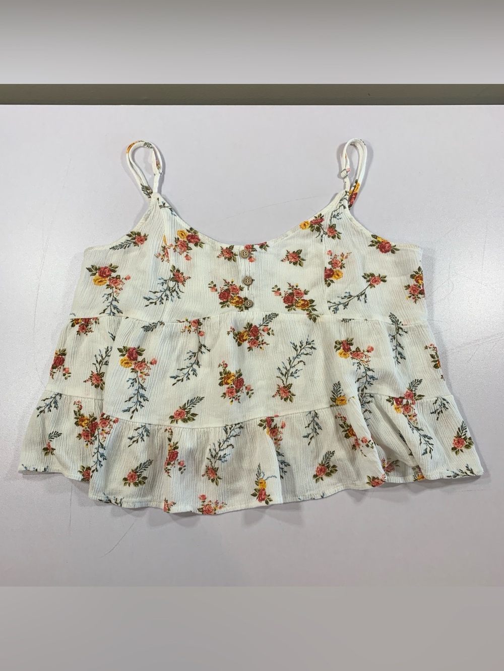 Floral Tiered Cami Small White Tank Top Crinkle Viscose Smocked Babydoll